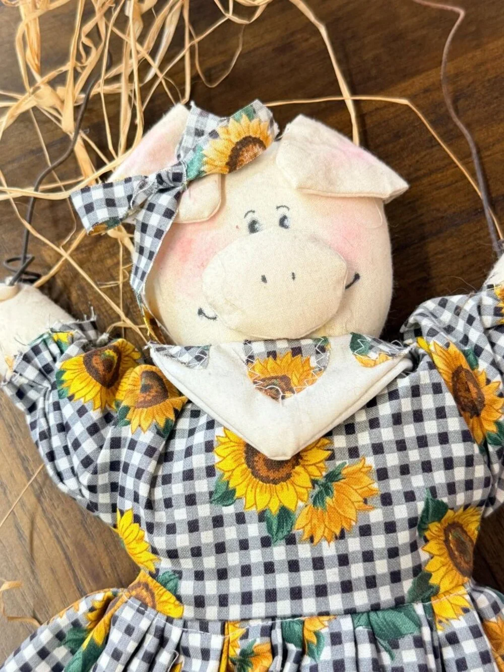 Vintage Cute Country Pig in Sunflower Dress Wall Door Hanging Handmade